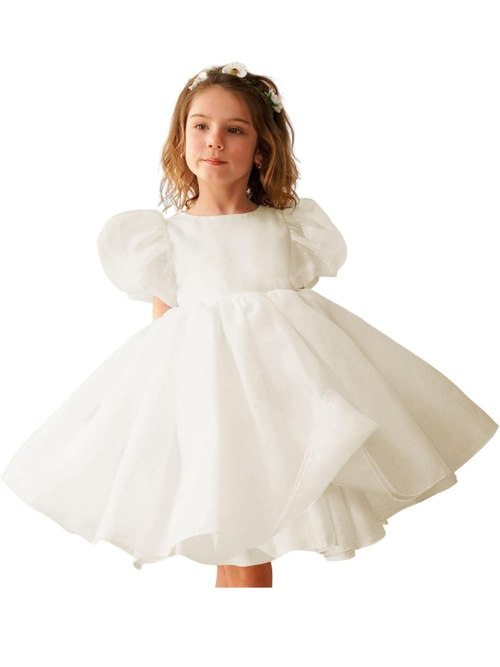 White Puff Sleeve Flower Girl Dress